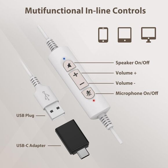 USB Headset with Microphone for PC, Headphones with Mic Noise Cancelling - Picture 2 of 8